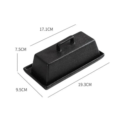 Black rectangular lidded container with a handle and tray base, shown with dimension lines and measurements: 17.1 cm length, 9.