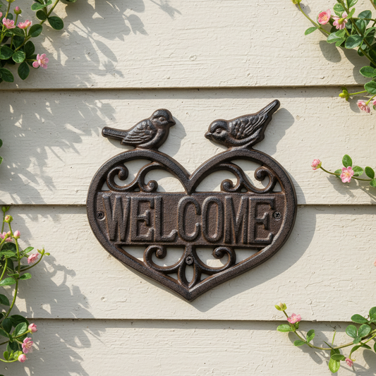 Welcome Heart Love Birds Cast Iron Sign Vintage Cottage - Wall Decor 19x18cm