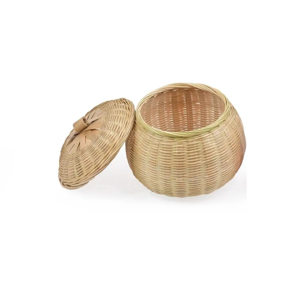 Round Lidded Bamboo Rattan Storage Basket | Hand-Woven Wicker Box with Lid | Fruit, Bread, Picnic | 4 Sizes