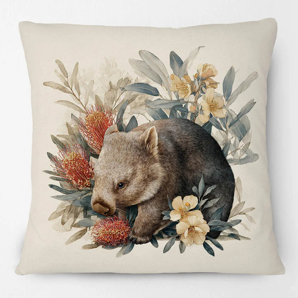 Australian Wombat Cushion Cover | Native Wildflowers Bottlebrush Banksia | 12 Designs | Aussie Gift