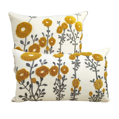 Boho Floral Tufted Embroidery Cushion Cover | Mustard Yellow | Sofa, Couch & Bed Decor
