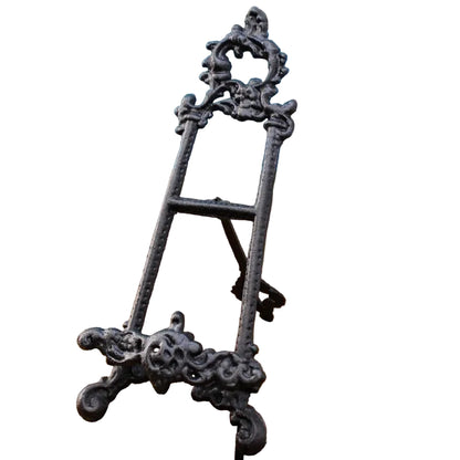 Ornate Cast Iron Easel Display Stand | Antique Black & Gold | Vintage Menu Brochure Plate Holder