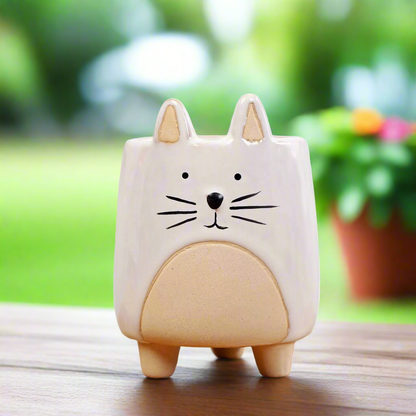 Cat Kitty White Ceramic Pot Planter - Succulent Cactus Garden 7x7x10cm