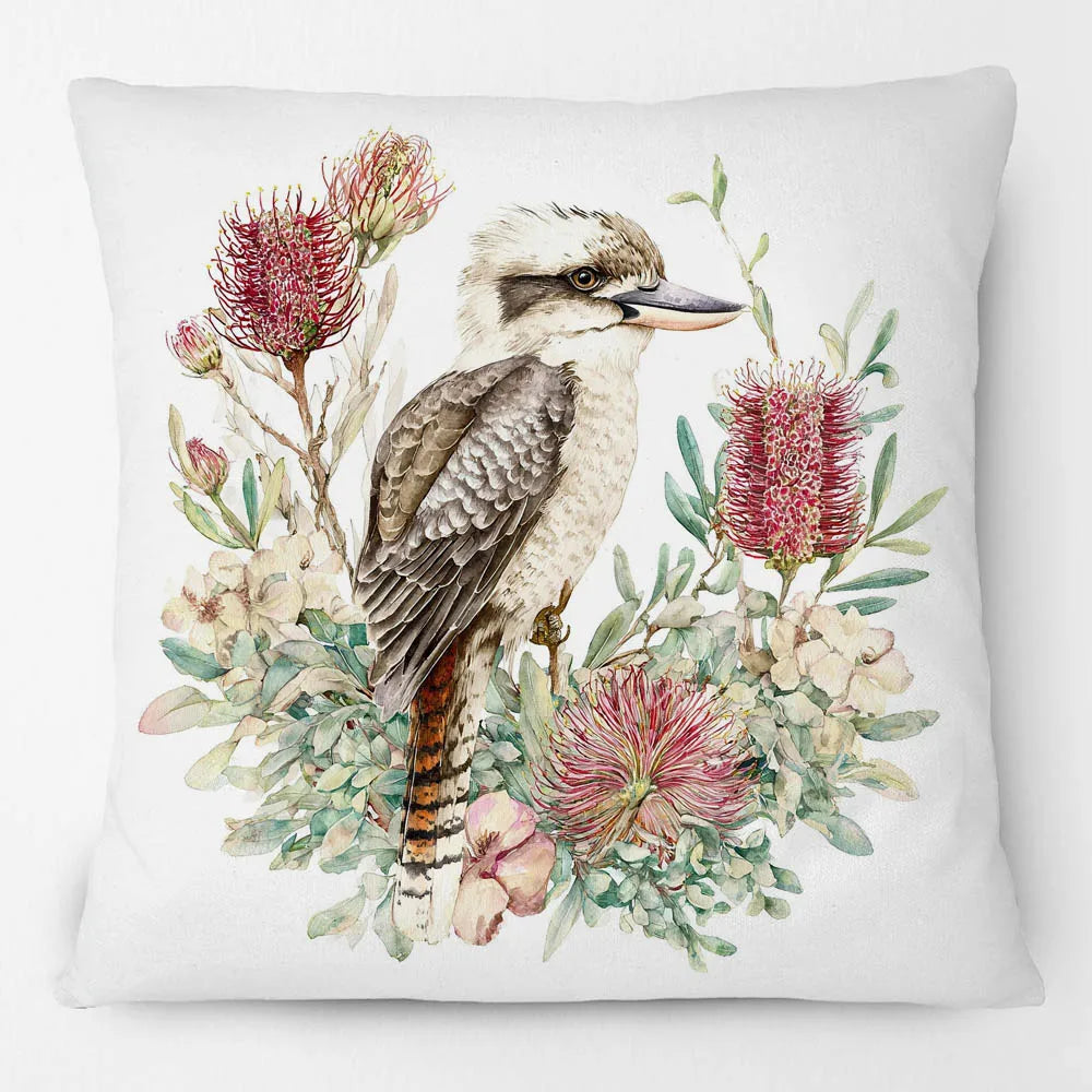 Kookaburra Cushion Cover | Watercolour Native Flowers | 45 x 45cm