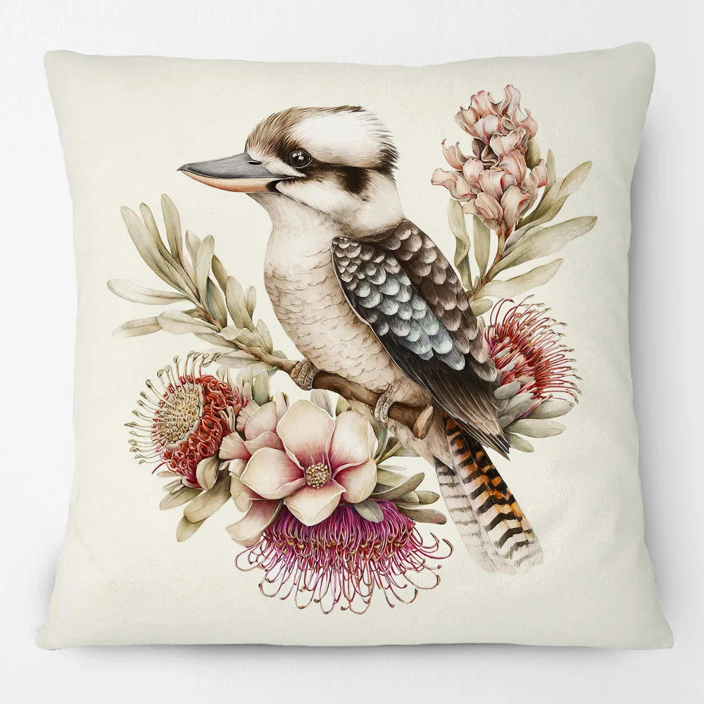 Kookaburra Cushion Cover | Watercolour Native Flowers | 45 x 45cm