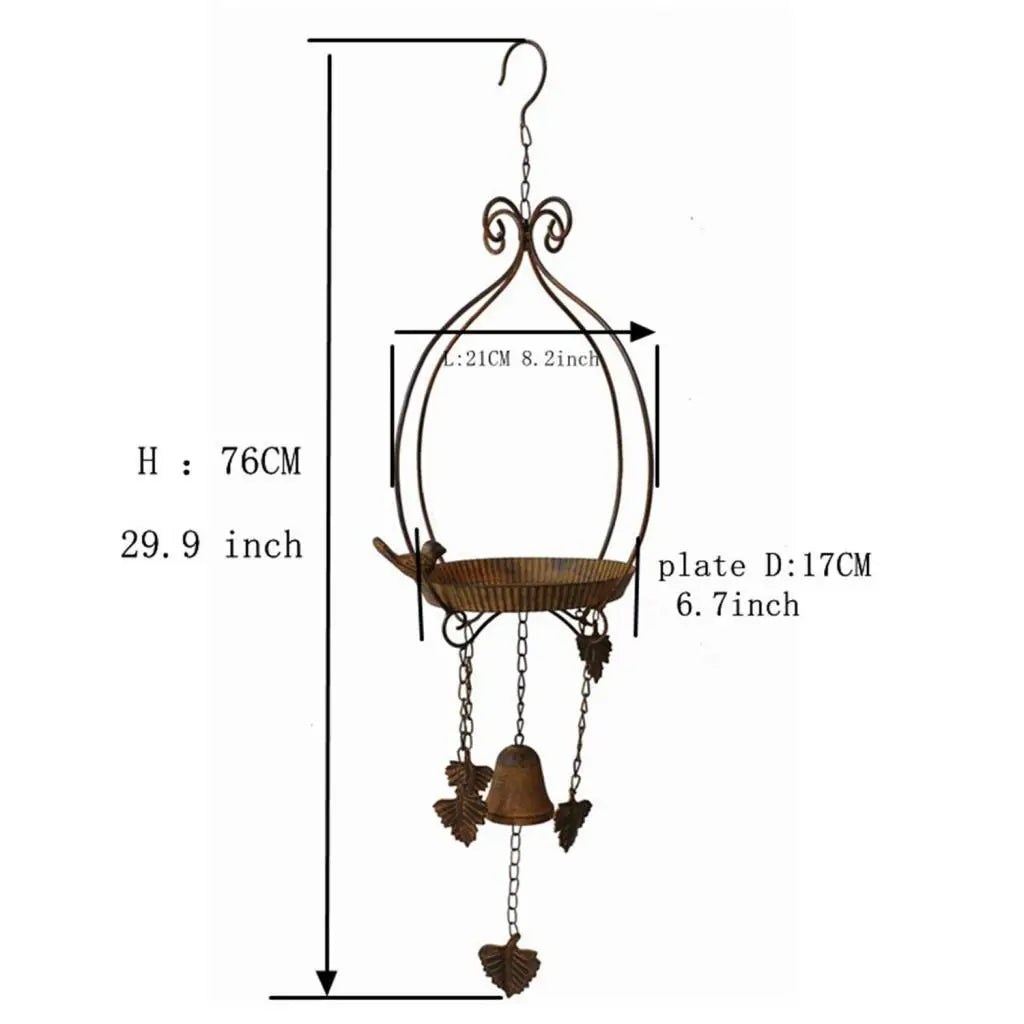 Hanging Bird Feeder Tray with Wind Chime | Rustic Wrought Iron Seed & Nut Tray Bird Bath | Garden, Tree & Backyard Decor