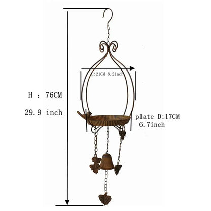 Hanging Bird Feeder Tray with Wind Chime | Rustic Wrought Iron Seed & Nut Tray Bird Bath | Garden, Tree & Backyard Decor
