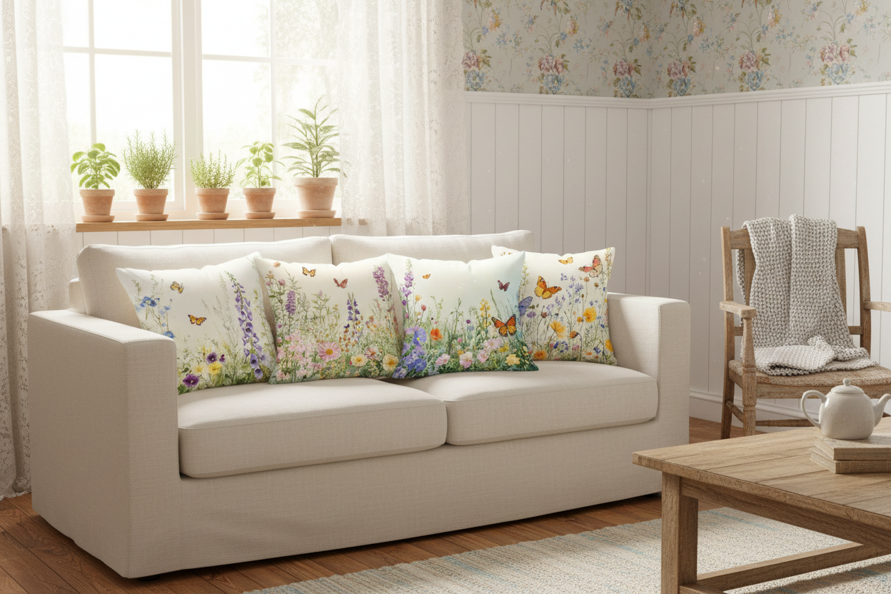 Cushion Cover Butterfly Flower Watercolour - Cottage Garden Style