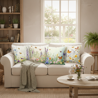 Cushion Cover Butterfly Flower Watercolour - Cottage Garden Style