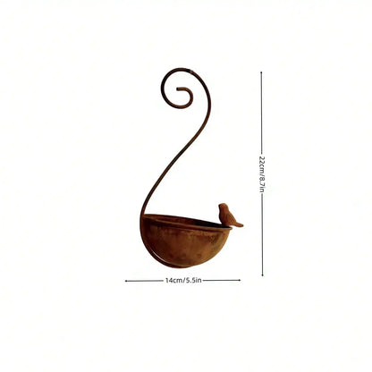 Rustic Hanging Bird Feeder & Bird Bath | Wrought Iron Scroll Hook Water Dish with Perched Bird | Garden & Yard Decor