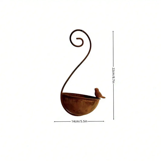 Rustic Hanging Bird Feeder & Bird Bath | Wrought Iron Scroll Hook Water Dish with Perched Bird | Garden & Yard Decor