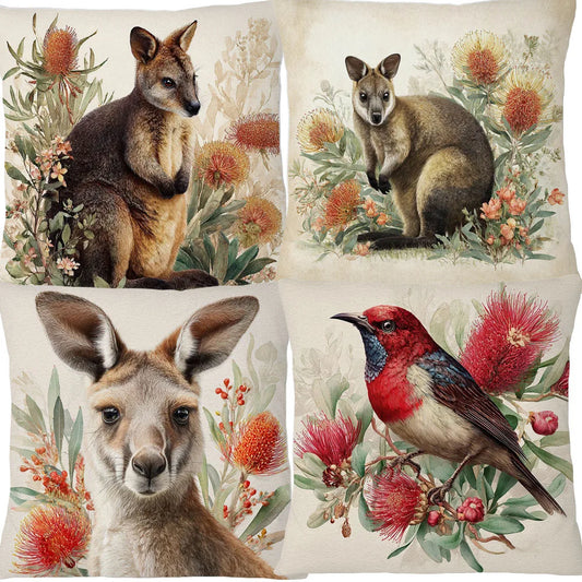 Cushion Cover Australian Animals Birds - Kangaroo Wallaby Wren