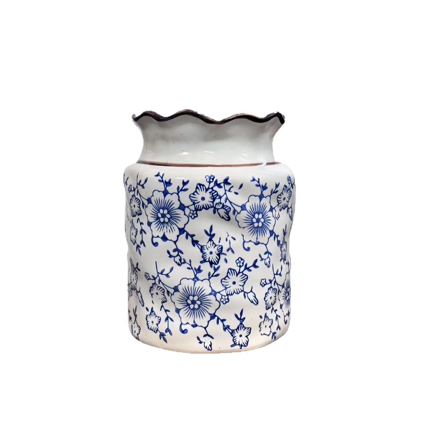 Blue & White Floral Ceramic Utensil Holder | Ruffled Rim Kitchen Crock | Countertop Organiser & Vase