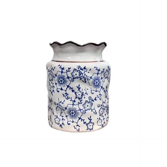 Blue & White Floral Ceramic Utensil Holder | Ruffled Rim Kitchen Crock | Countertop Organiser & Vase