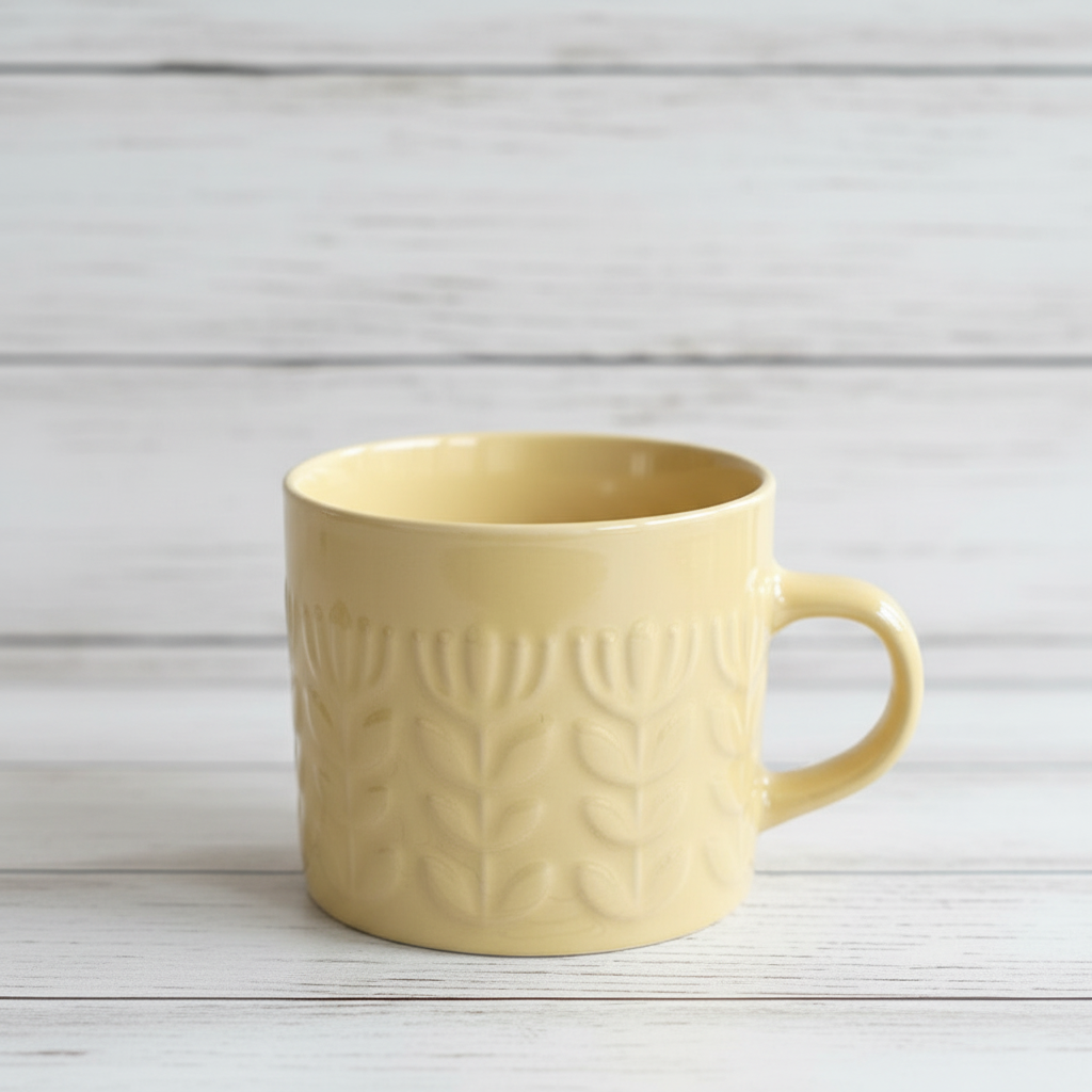 Embossed Floral Ceramic Mug Cup 400ml | Pink Beige or Mustard Yellow Coffee Cup