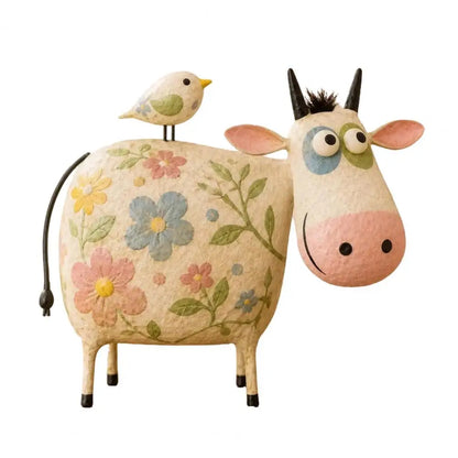 Rustic Cow Figurine with Little Bird | Handcrafted Resin Folk Art Cow Statue | Farmhouse Country Shelf & Desk Decor