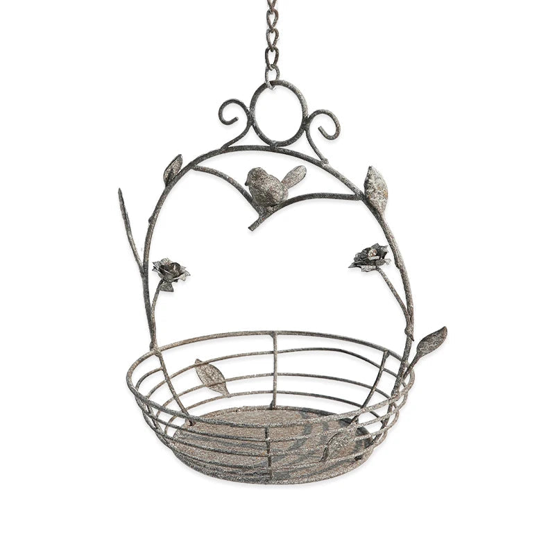 Hanging Wire Basket Planter with Birds & Leaves | Rustic Metal Hanging Flower Basket | Garden Art & Home Decor