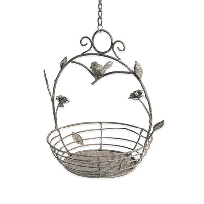 Hanging Wire Basket Planter with Birds & Leaves | Rustic Metal Hanging Flower Basket | Garden Art & Home Decor
