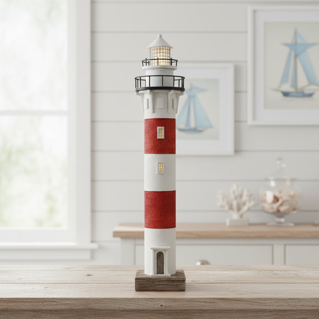 Lighthouse Night Light Vintage Red & White 50cm - LED Decor