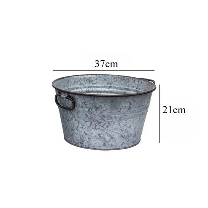 Vintage Round Metal Planter Pot & Storage Tub | Iron Basket with Handles