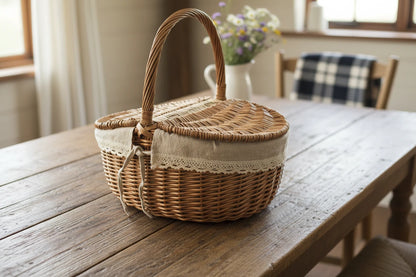 Hand-Woven Wicker Basket with Lid - Multi-Function Picnic Storage Basket