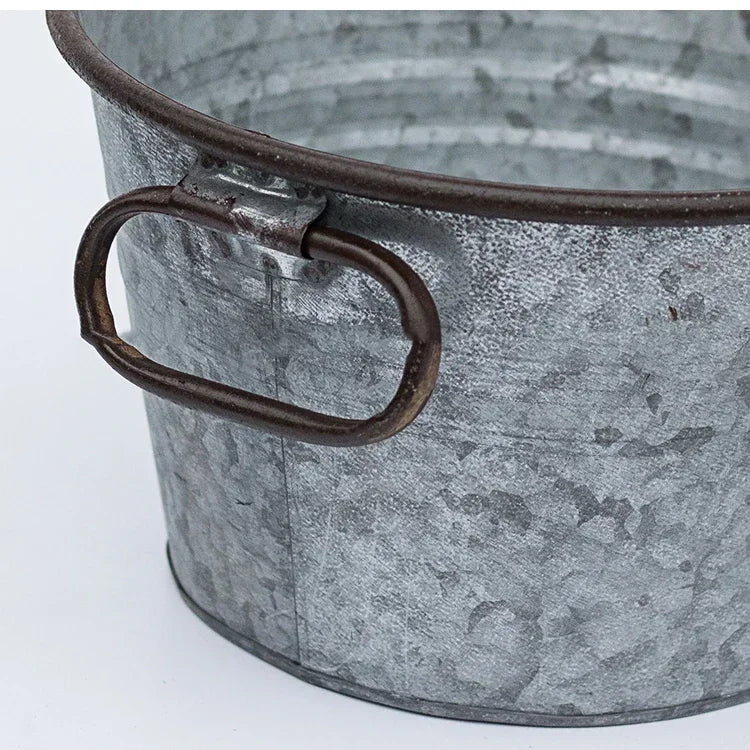Vintage Round Metal Planter Pot & Storage Tub | Iron Basket with Handles