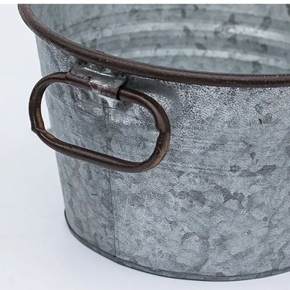 Vintage Round Metal Planter Pot & Storage Tub | Iron Basket with Handles