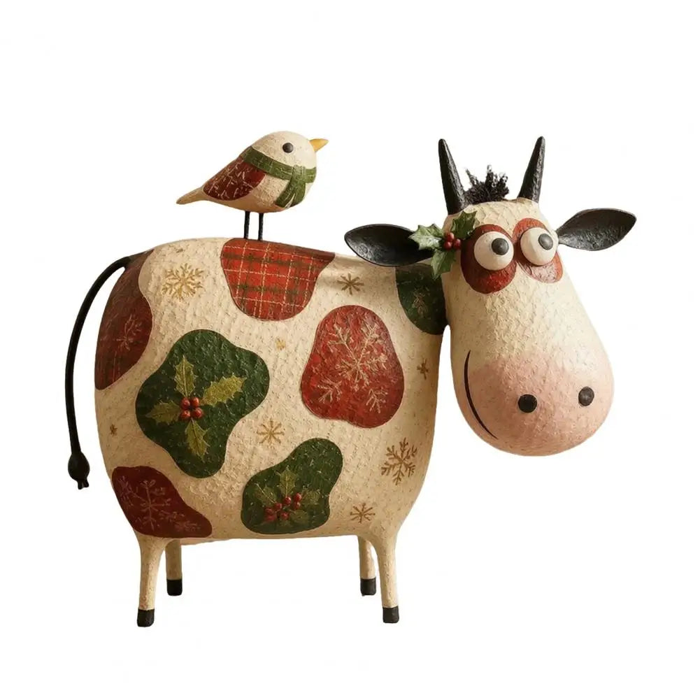 Rustic Cow Figurine with Little Bird | Handcrafted Resin Folk Art Cow Statue | Farmhouse Country Shelf & Desk Decor