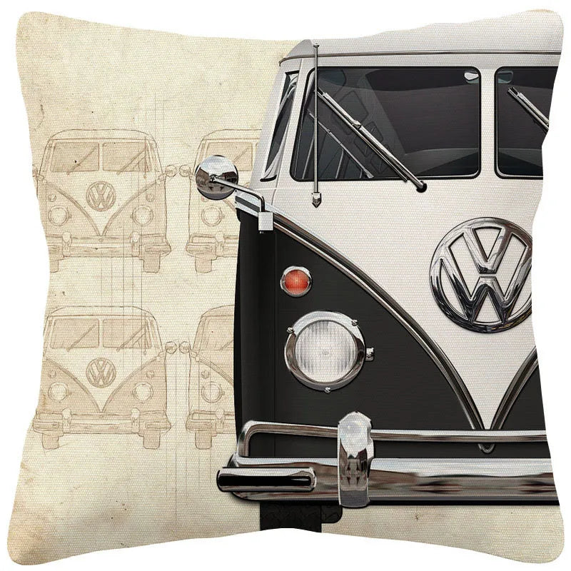 VW Beetle & Kombi Van Cushion Cover | Retro Vintage Car Art | Linen or Plush | 45x45cm