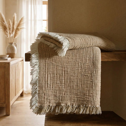 Cotton Linen Blend Throw Blanket | Textured Tassel Fringe | 2 Sizes