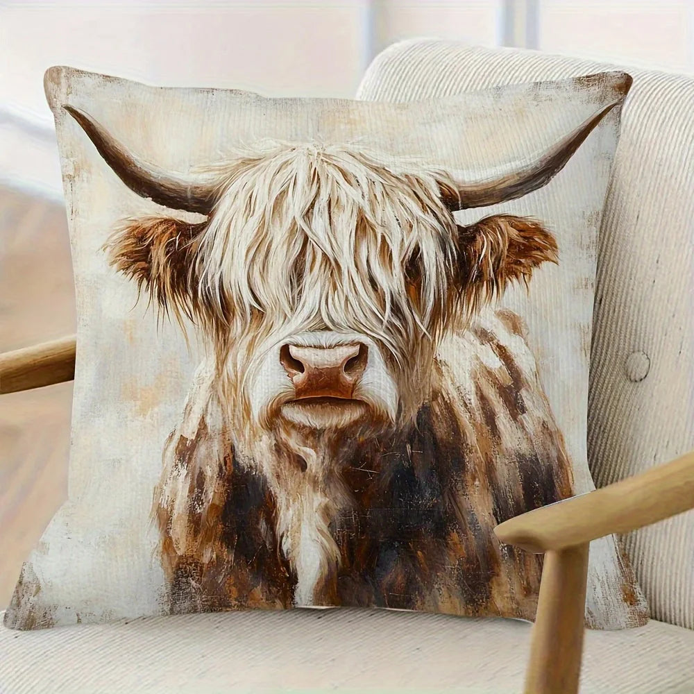 Highland Cow Cushion Cover | Rustic Vintage Oil Art Print | Farmhouse Throw Pillow Case