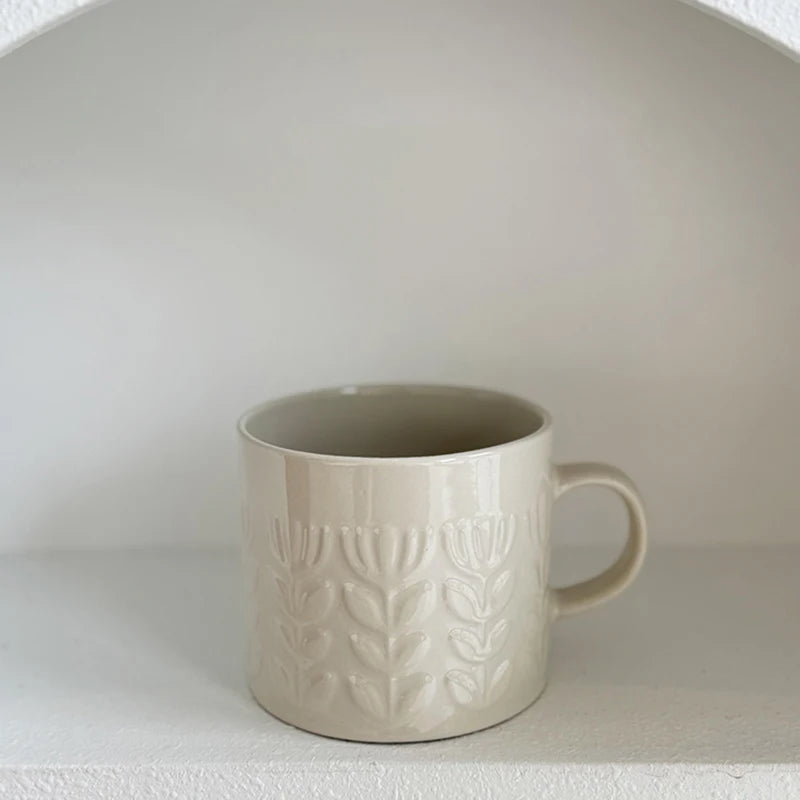 Embossed Floral Ceramic Mug Cup 400ml | Pink Beige or Mustard Yellow Coffee Cup