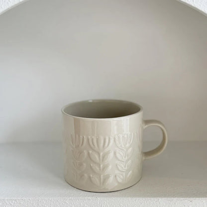 Embossed Floral Ceramic Mug Cup 400ml | Pink Beige or Mustard Yellow Coffee Cup