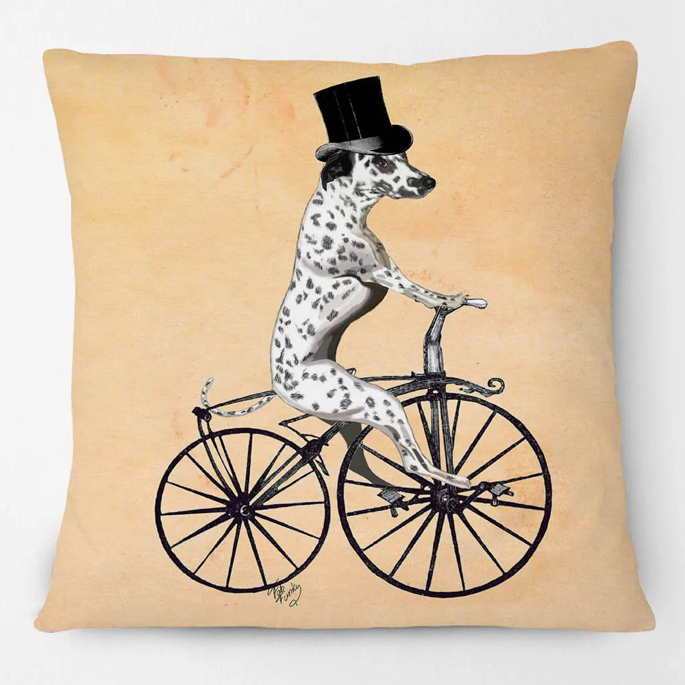 Dogs on Bikes Cushion Covers | Pug Dachshund Bulldog French Bulldog Dalmatian Golden Retriever Labrador Poodle | Retro Vintage Dog Art Pillow