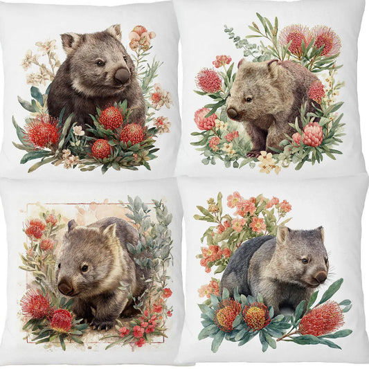 Australian Wombat Cushion Cover | Native Wildflowers Bottlebrush Banksia | 12 Designs | Aussie Gift