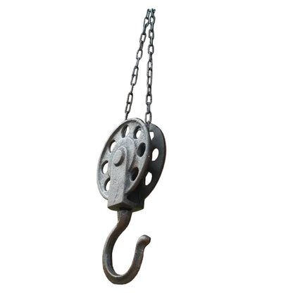 Cast Iron Pulley Hook with Chain — Antique Farmhouse Wall Hook — Small & Large