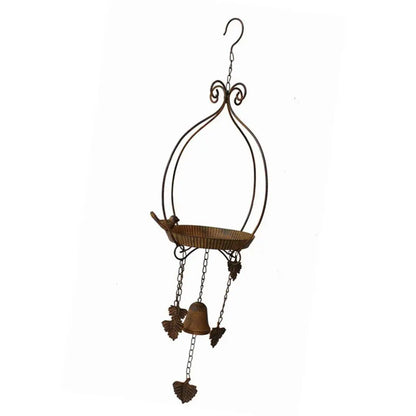 Hanging Bird Feeder Tray with Wind Chime | Rustic Wrought Iron Seed & Nut Tray Bird Bath | Garden, Tree & Backyard Decor