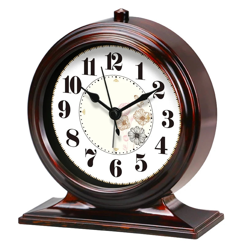 Vintage Dark Brown Floral Desk Clock | Metal Quartz Table Clock