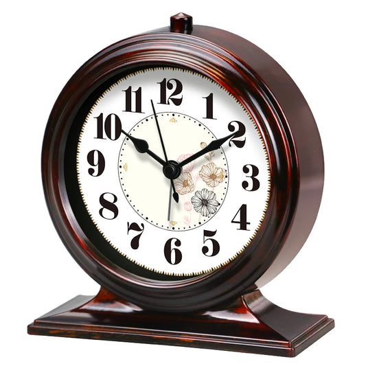 Vintage Dark Brown Floral Desk Clock | Metal Quartz Table Clock
