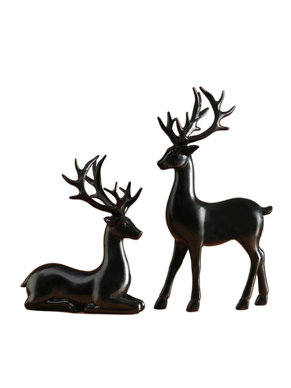 Christmas Reindeer Ornament Set of 2 | Standing & Resting Deer | Resin Table Decor