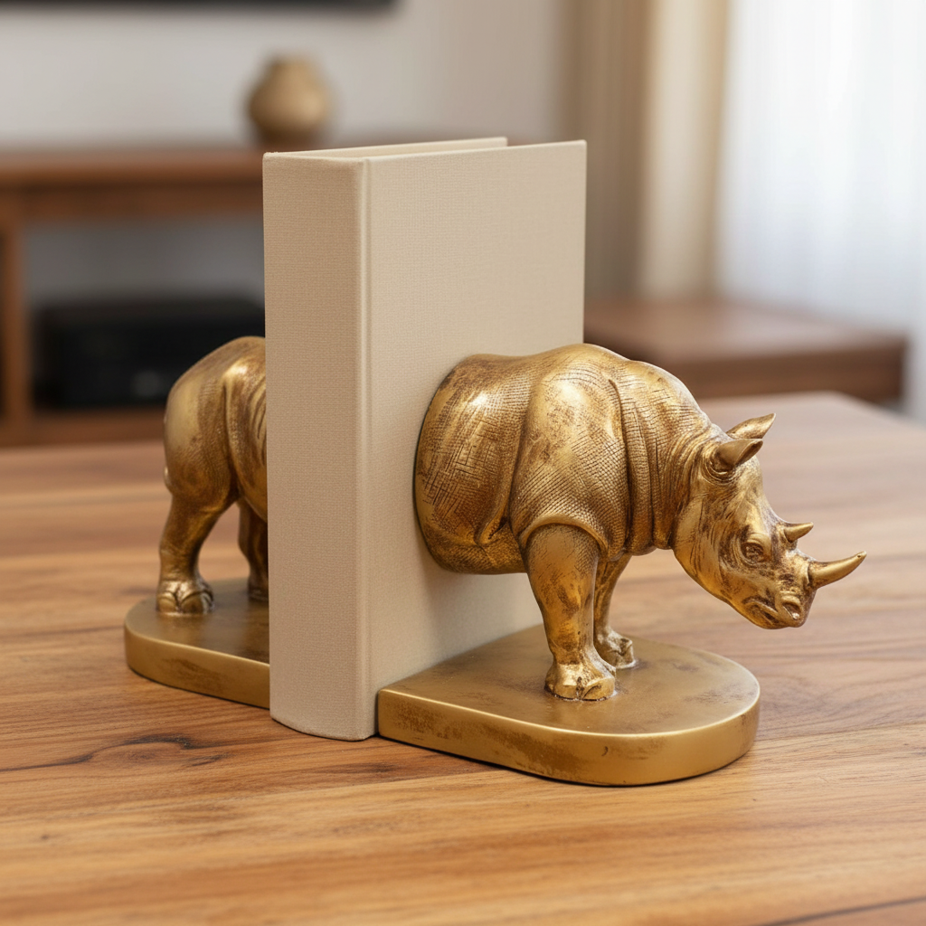 Rhino Bookends Gold Decorative Resin Rhinoceros Book Ends Pair 25x12x15cm