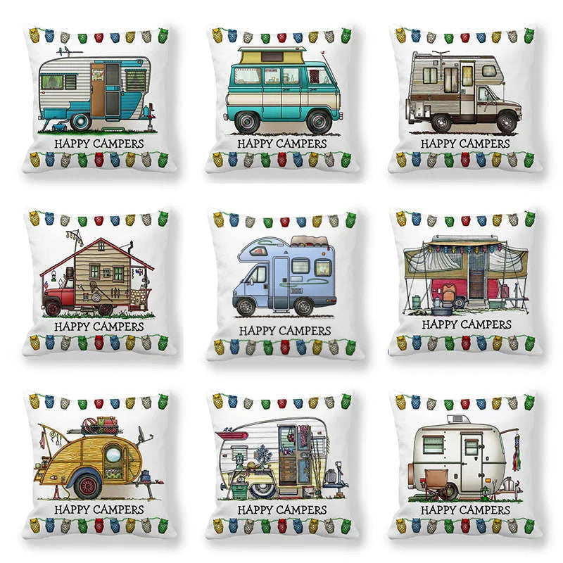Happy Campers Cushion Cover Camping Caravan Motorhome