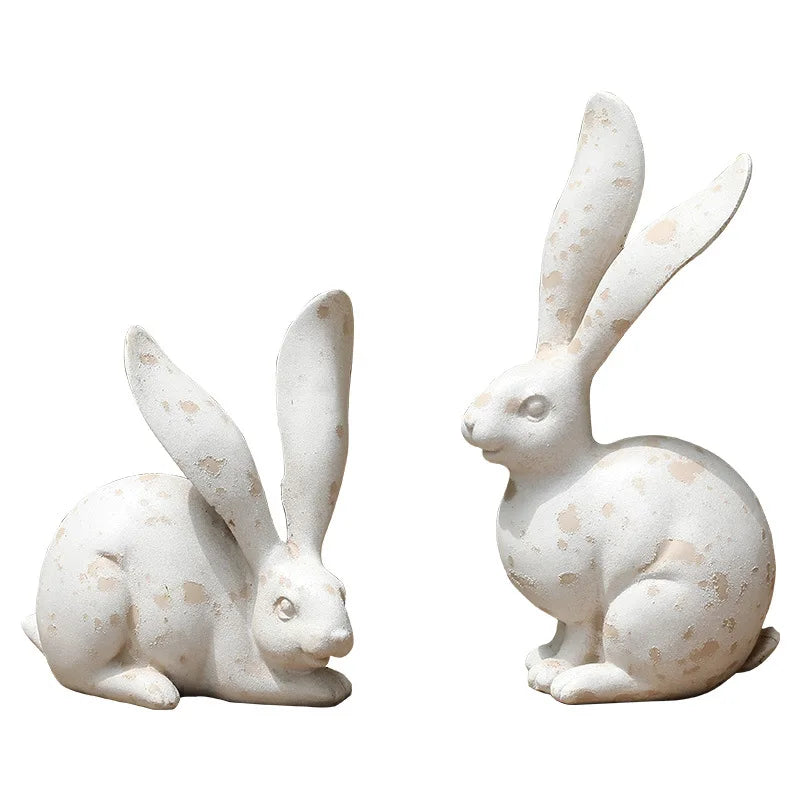Resin Bunny Rabbit Statues Set - Garden Animal Figurines