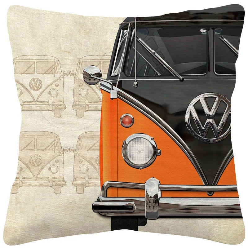 VW Beetle & Kombi Van Cushion Cover | Retro Vintage Car Art | Linen or Plush | 45x45cm