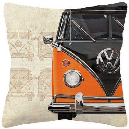VW Beetle & Kombi Van Cushion Cover | Retro Vintage Car Art | Linen or Plush | 45x45cm