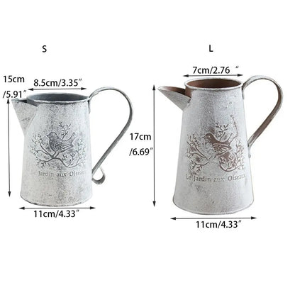 French Vintage Metal Pitcher Vase | Le Jardin aux Oiseaux | Rustic Galvanized Jug | Flower Holder | S & L