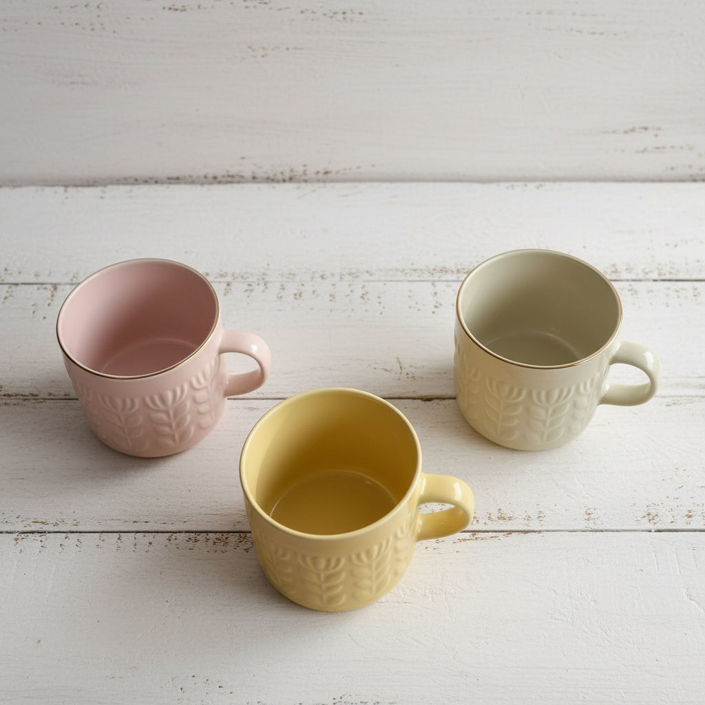 Embossed Floral Ceramic Mug Cup 400ml | Pink Beige or Mustard Yellow Coffee Cup
