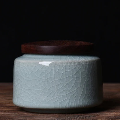 Celadon Ceramic Storage Jar with Wooden Lid — Tea, Jewellery & Trinket Box