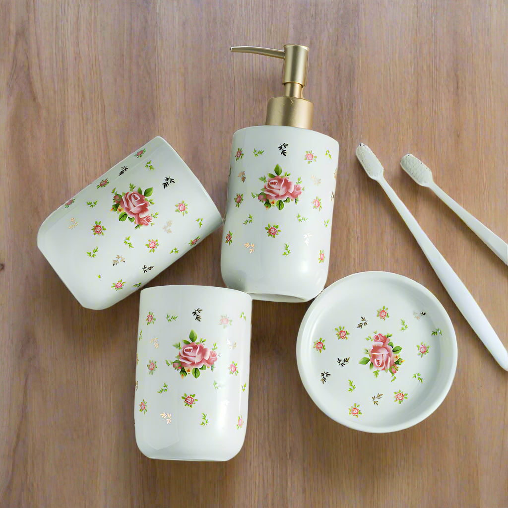 Soap Dispenser Toothbrush Holder Country Rose Set