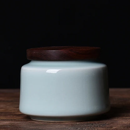 Celadon Ceramic Storage Jar with Wooden Lid — Tea, Jewellery & Trinket Box